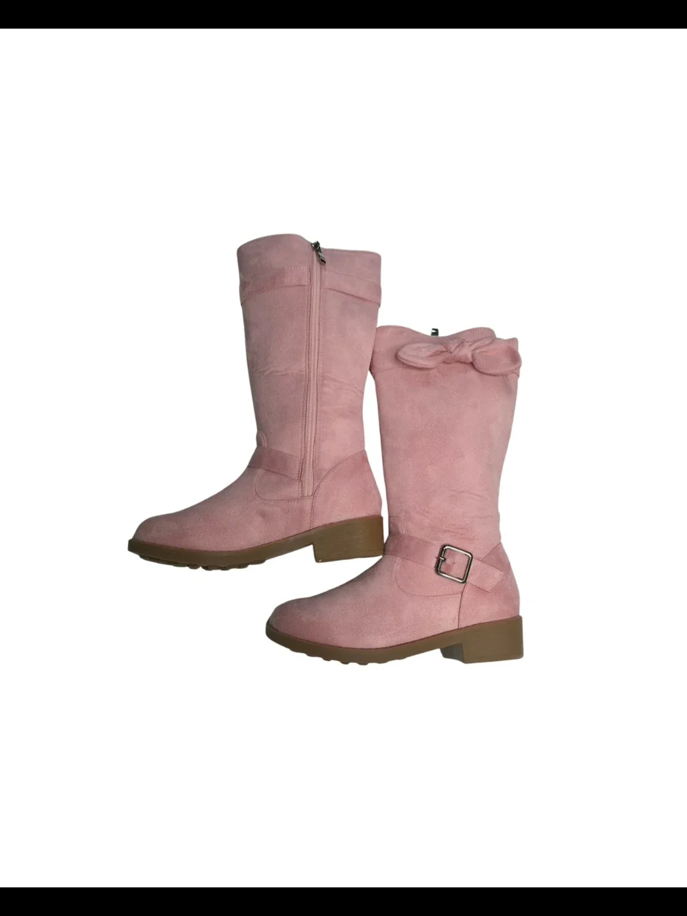 Girls Pink Suede Knee-High Boots with Bow